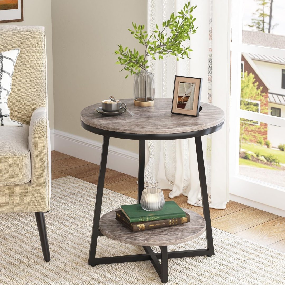 ZenVora Industrial Round End Table, Small Side Table and Accent Coffee Table for Living Room and Bedroom