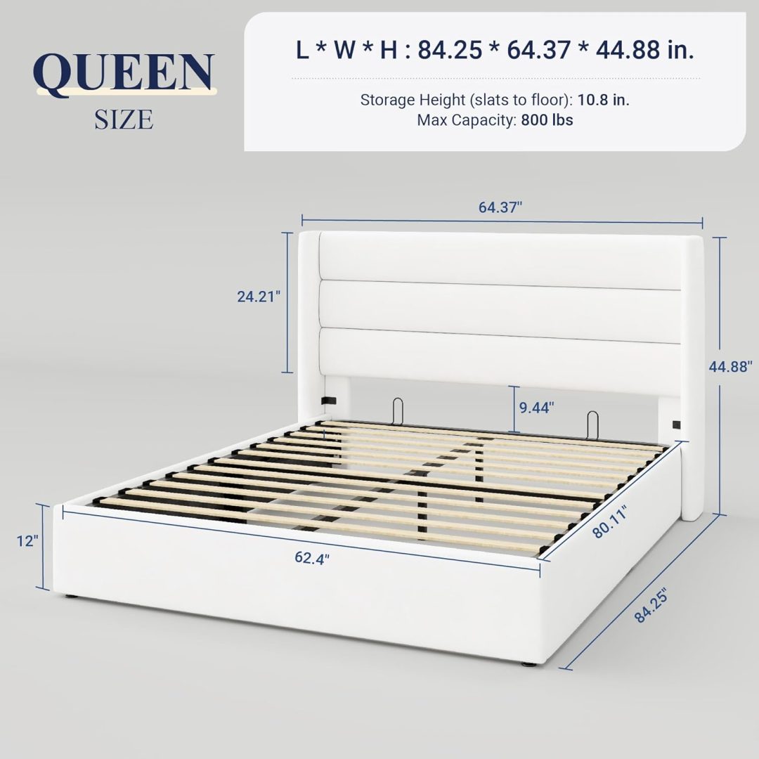ZenVora Queen Size Lift Up Storage Bed with Wingback Headboard, Upholstered Platform Bed Frame with Hidden Storage
