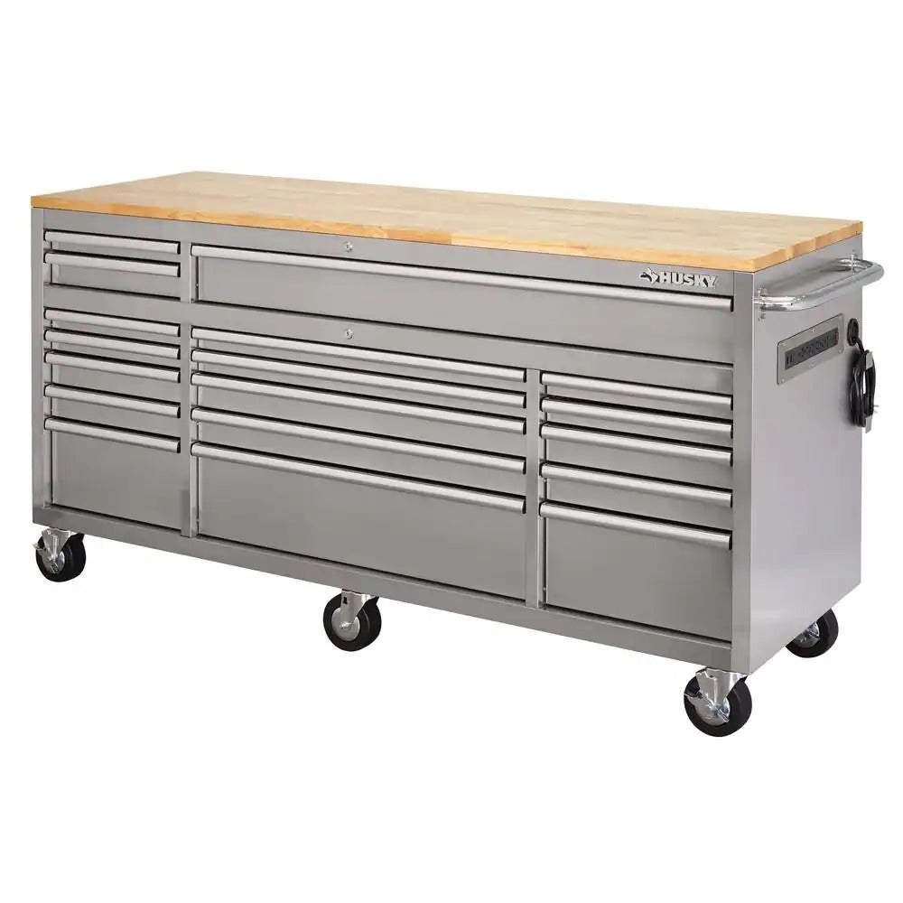 ZenVora 72 Inch Mobile Workbench with 18 Drawers - Stainless Steel Rolling Tool Cabinet with Wood Top