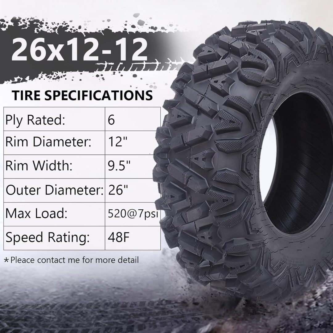 ZenVora Set of 2 26x12-12 6PR All-Terrain ATV/UTV Off-Road Tires, Black