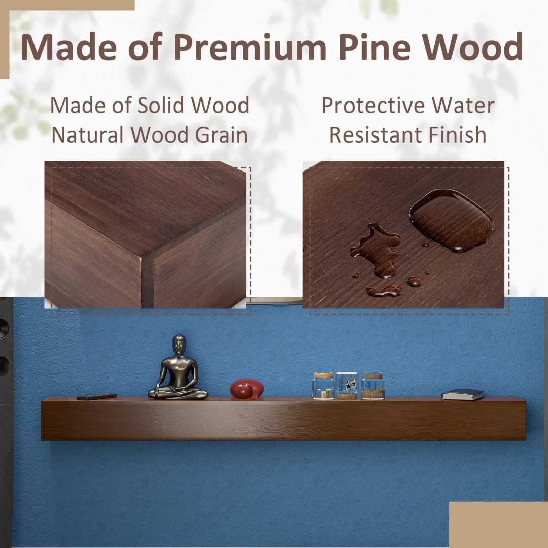 ZenVora 72 Inch Solid Pine Fireplace Mantel, Wall Mounted Floating Shelf in Brown