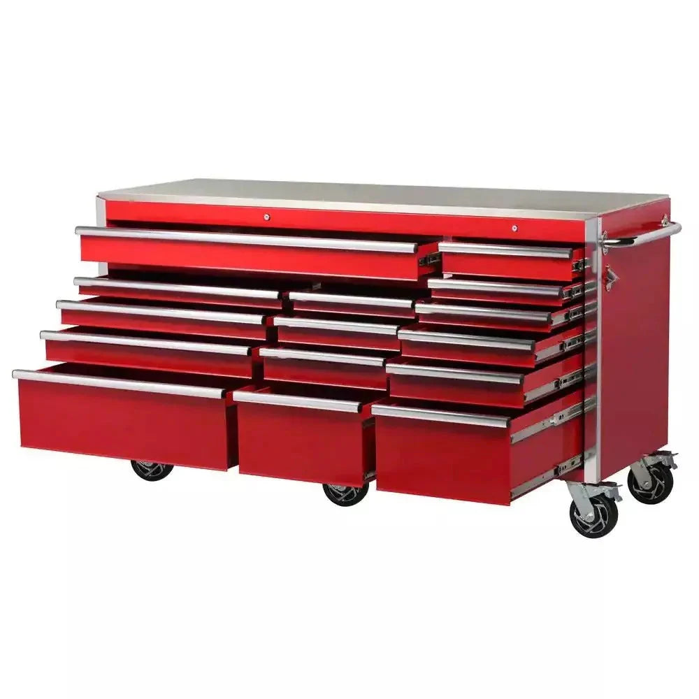 ZenVora 72-Inch W x 24-Inch D 15-Drawer Mobile Workbench with Stainless Steel Top and Dual Locks, Red