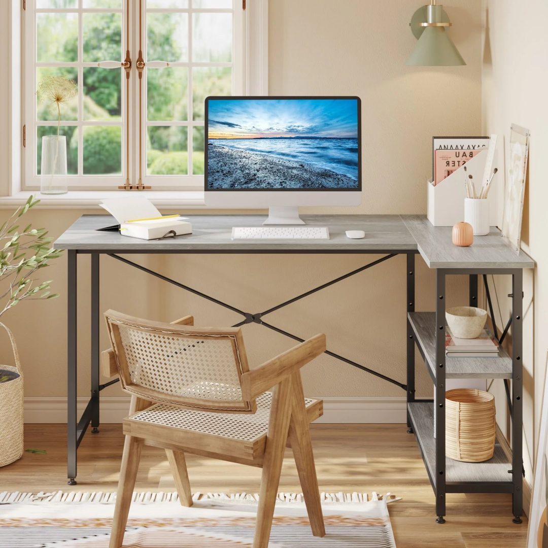 ZenVora Small L Shaped Computer Desk with Storage Shelves, Compact Corner Workstation for Home Office and Study