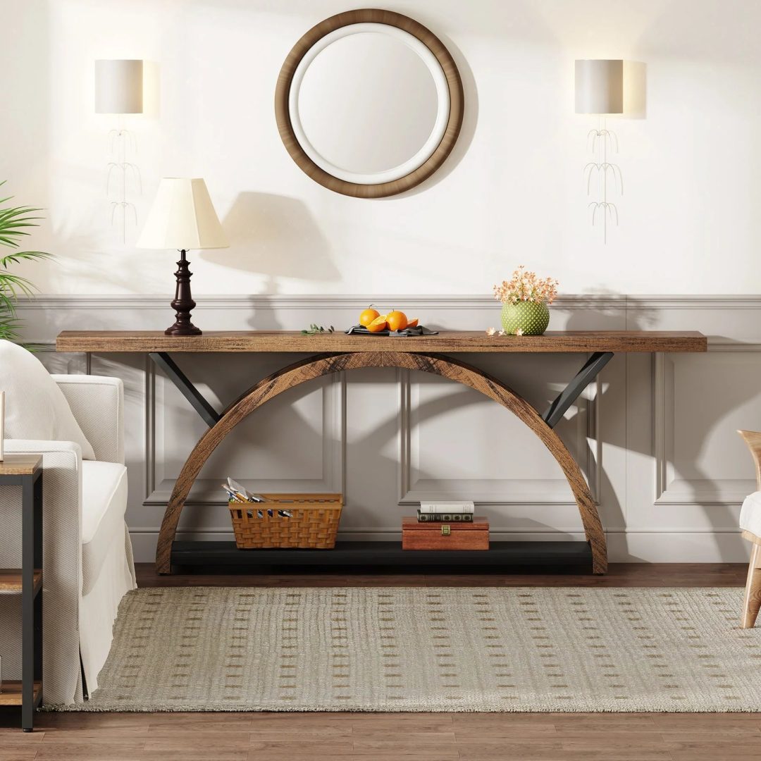 ZenVora Gray 2-Tier Slim Console Sofa Table, Semi-Circular Metal Frame for Hallway