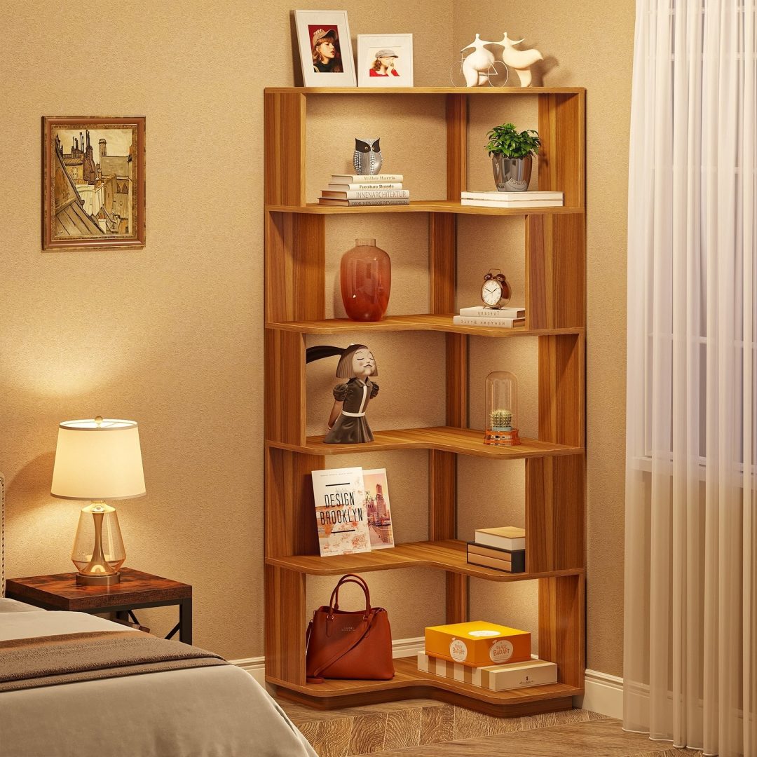 ZenVora 64.9 Inch Tall 6-Tier Corner Bookshelf, Freestanding Wood Industrial Bookcase