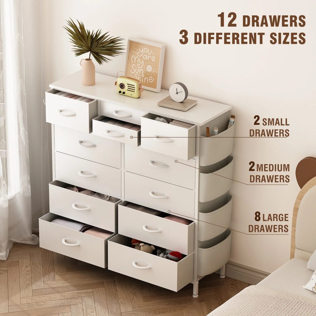 ZenVora 12 Drawer Fabric Dresser, Tall Bedroom Chest of Drawers with Storage