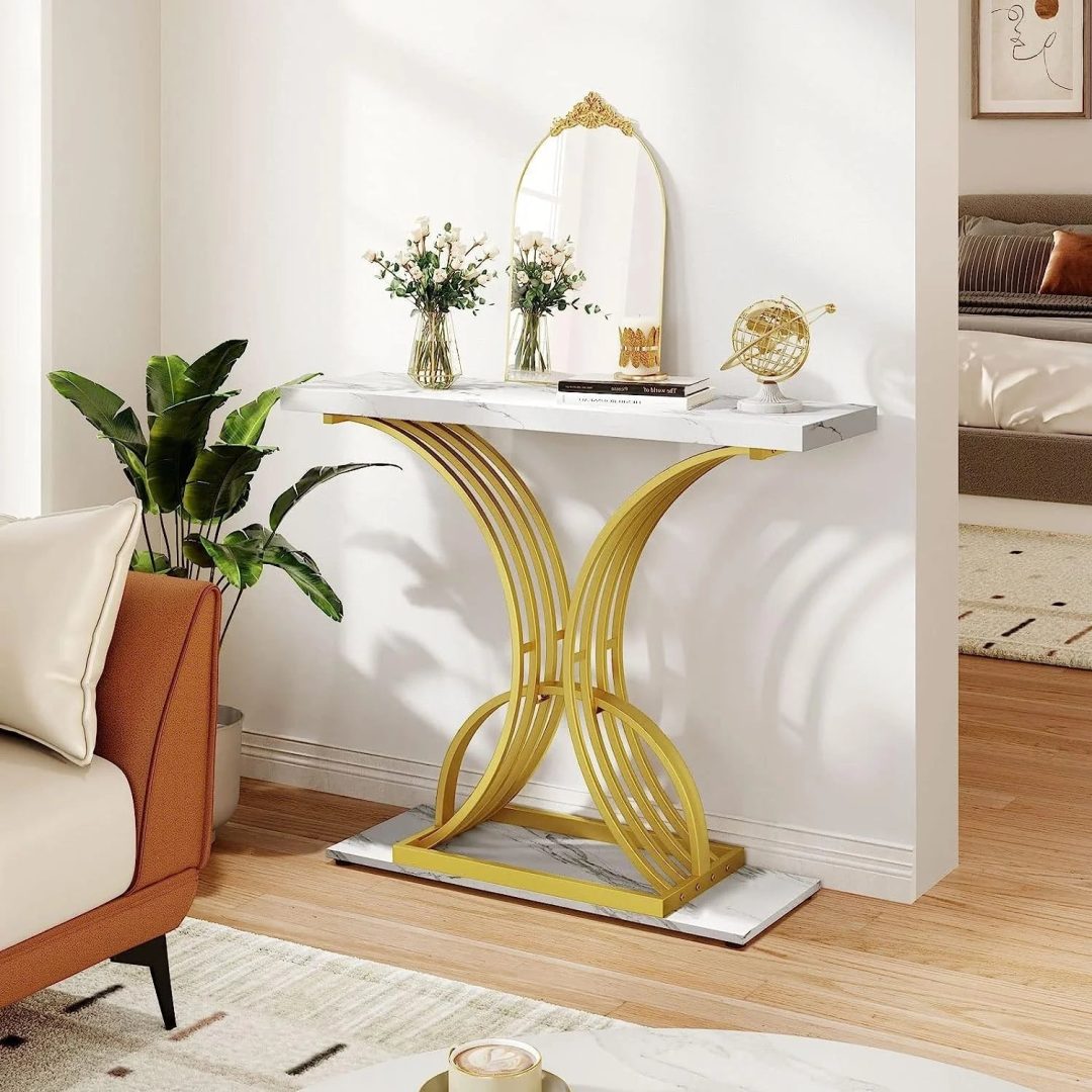 ZenVora Modern Gold Console Table with Marbled Top, Sofa Table for Entryway and Hallway