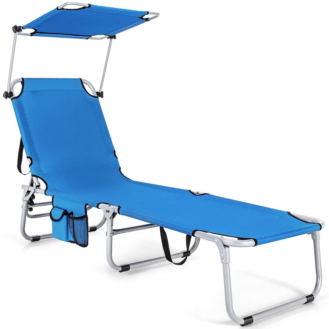 ZenVora Folding Lounge Chair with Canopy – Shade Chair with Storage Pocket