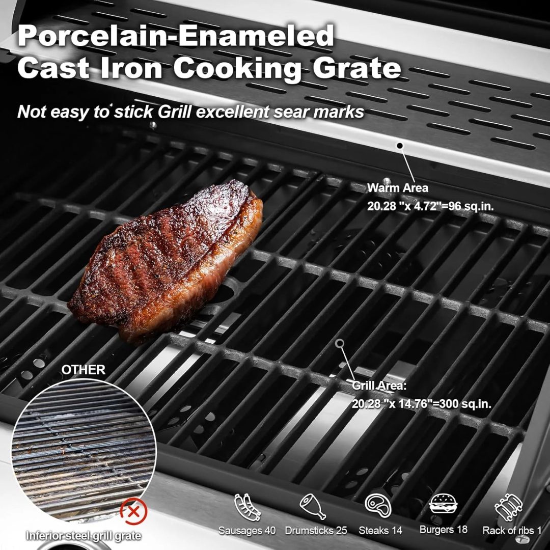 ZenVora 4-Burner Propane Gas Grill with Cast Iron Grates, Side Stove and 44,000 BTU Stainless Steel Burners