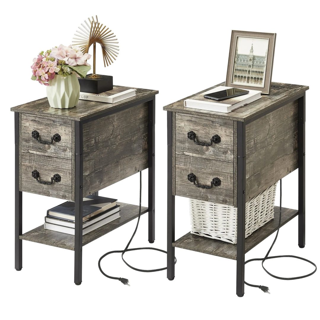 Narrow End Table with Charging Station, Chairside Table with Drawers, USB Ports and Power Outlets
