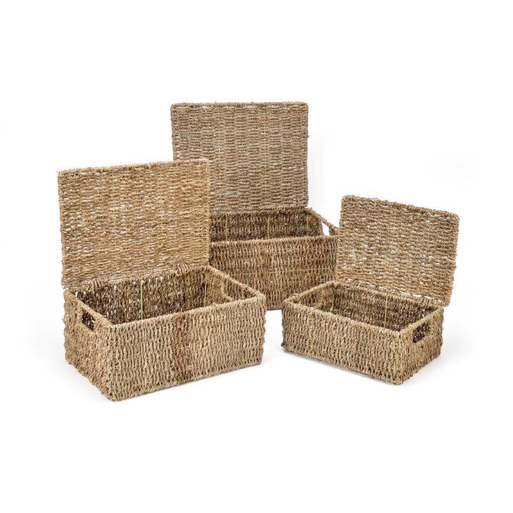 ZenVora Set of 3 Small Rectangular Seagrass Baskets with Lids, Woven Storage Baskets