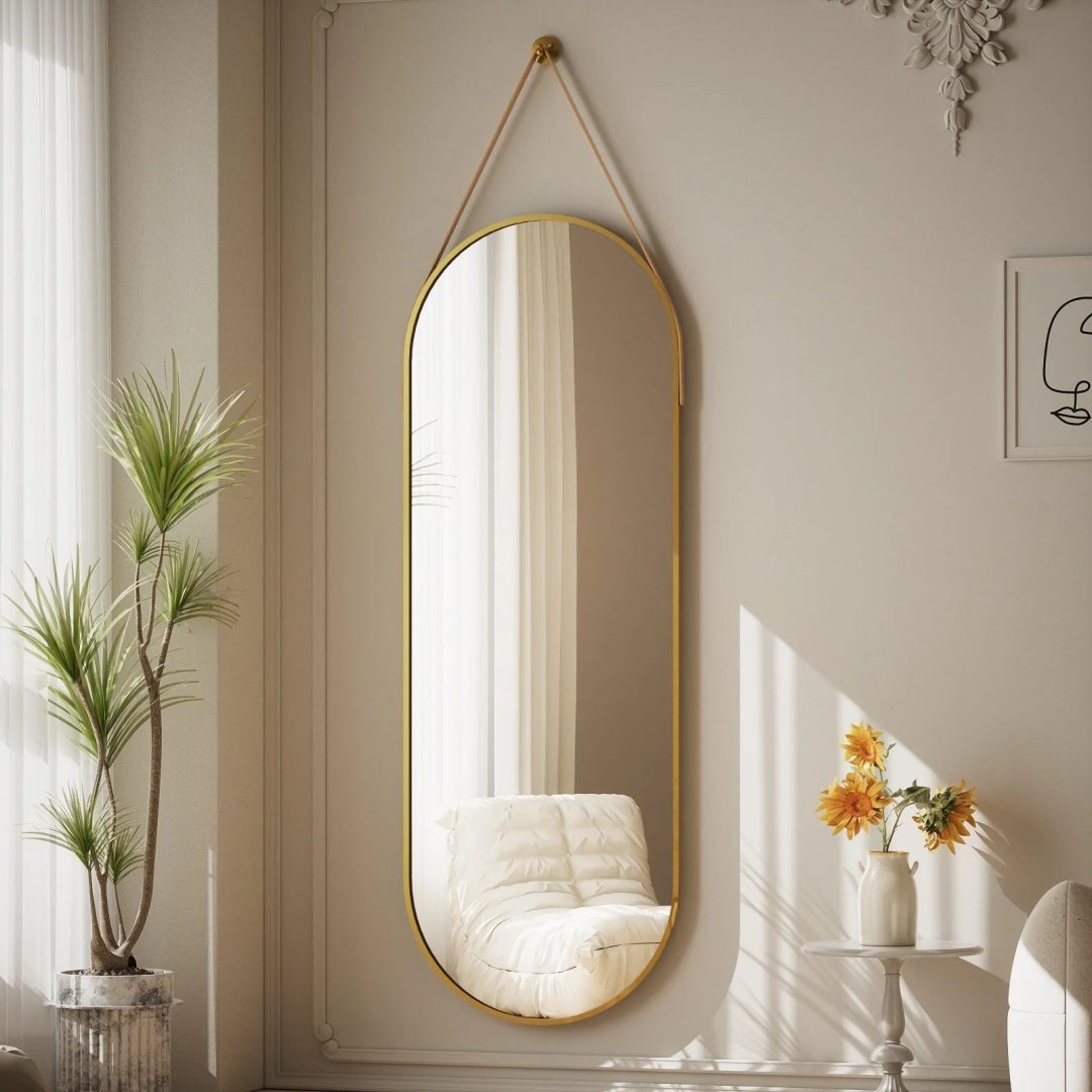 ZenVora 48 x 16 Inch Full Length Wall Mirror with Leather Strap, Hanging Full Body Mirror for Bedroom, Entryway and Home Decor