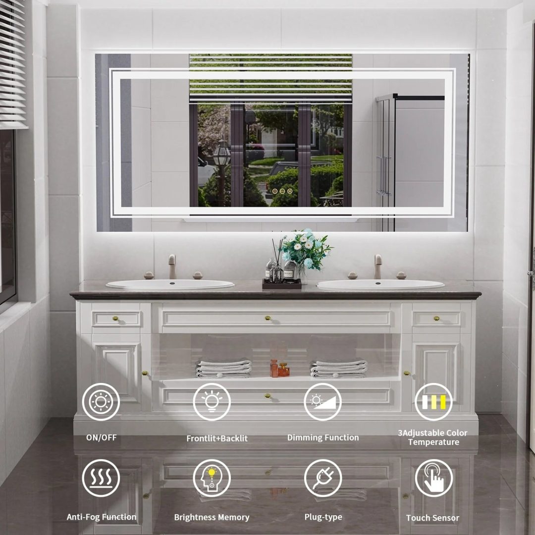 ZenVora Extra Large LED Lighted Bathroom Mirror, Anti-Fog Wall Mounted Vanity Mirror with 3 Colors