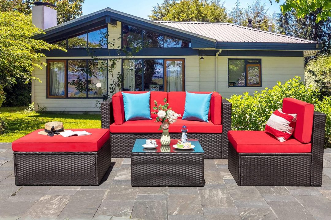 ZenVora 5-Piece All-Weather Patio Furniture Set with Ottoman, Outdoor Wicker Conversation Sofa Set with Cushions for Garden, Deck & Backyard