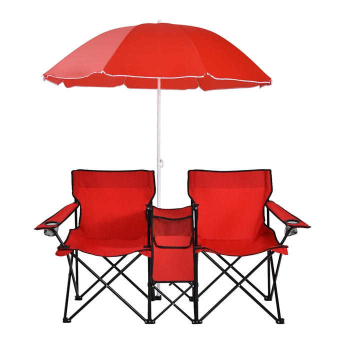 ZenVora Double Folding Picnic Chairs with Umbrella – Mini Table & Beverage Holder Included