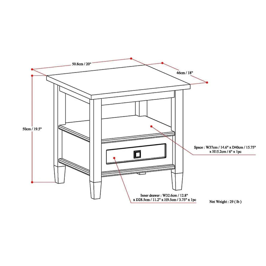 ZenVora 20 Inch Wide Solid Wood Rectangle End Table, Transitional Side Table