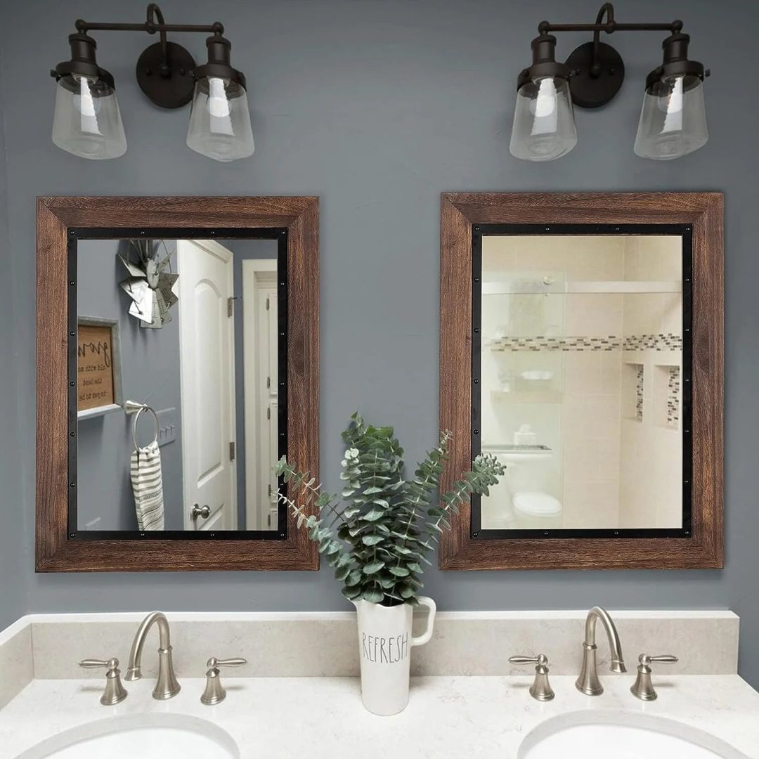 Rustic Wood and Iron Framed Bathroom Vanity Mirror, Wall Mounted Farmhouse Mirror for Bathroom and Bedroom