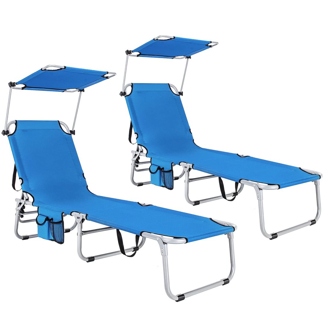 ZenVora Folding Lounge Chair with Canopy – Shade Chair with Storage Pocket