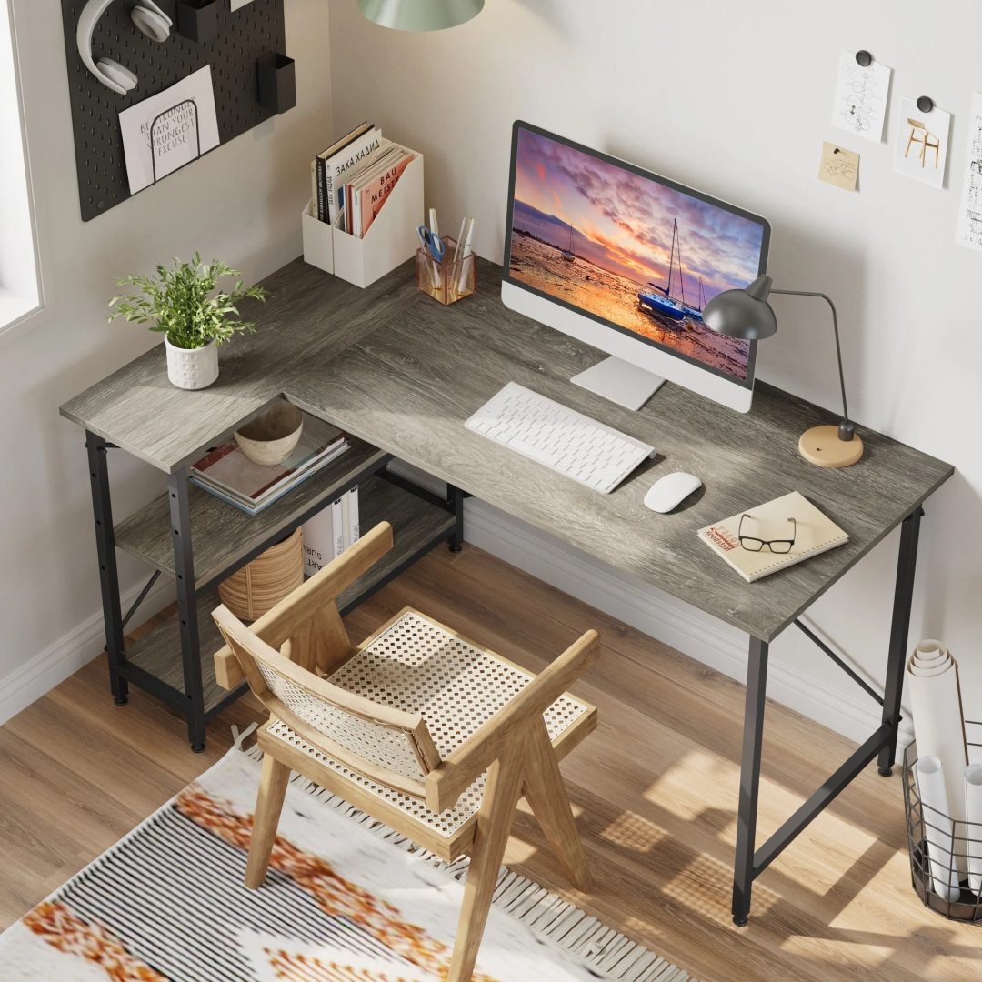 ZenVora Small L Shaped Computer Desk with Storage Shelves, Compact Corner Workstation for Home Office and Study