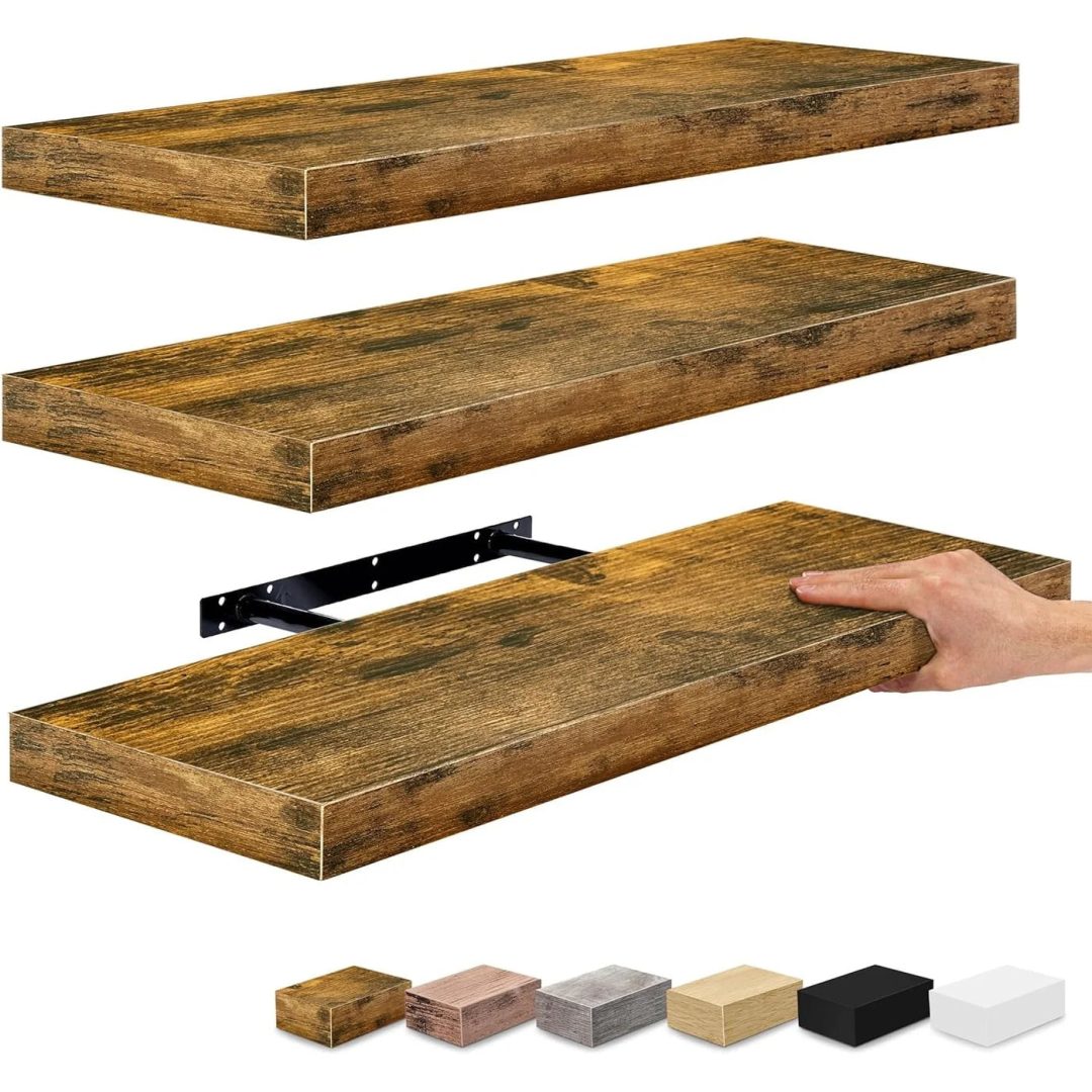 ZenVora Set of 3 Floating Wood Wall Shelves, Wall Mounted Display and Storage Shelves with Invisible Brackets for Books and Home Decor
