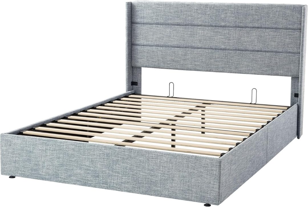 ZenVora Queen Size Lift Up Storage Bed with Wingback Headboard, Upholstered Platform Bed Frame with Hidden Storage