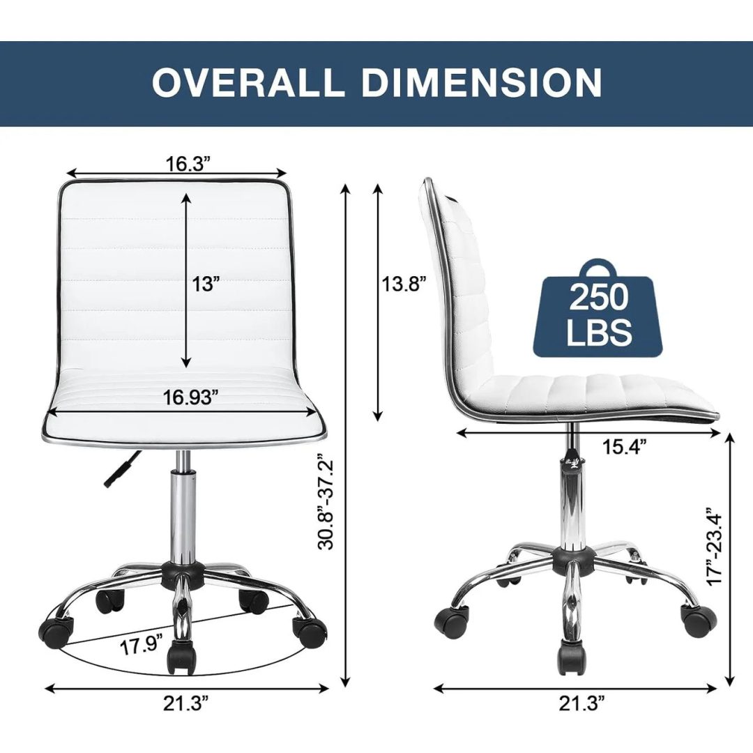 ZenVora Adjustable Mid-Back Armless Swivel Office Chair, Ribbed Task and Vanity Chair for Small Spaces