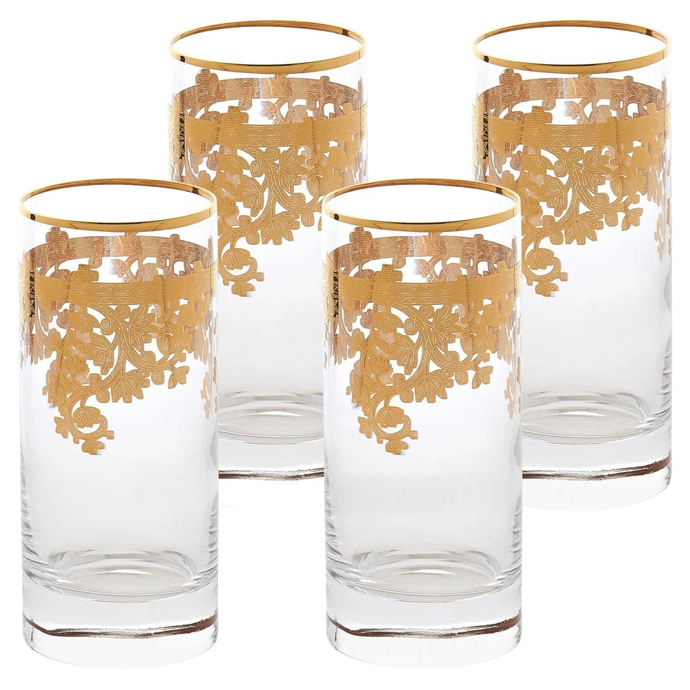ZenVora Set of 4 24K Gold Embellished Crystal Highball Tumblers, Made in Italy