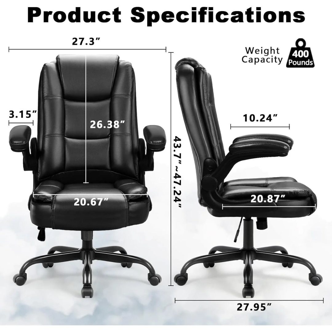 ZenVora Big and Tall Ergonomic Office Chair, High Back Leather Executive Computer Chair with Padded Flip-Up Arms