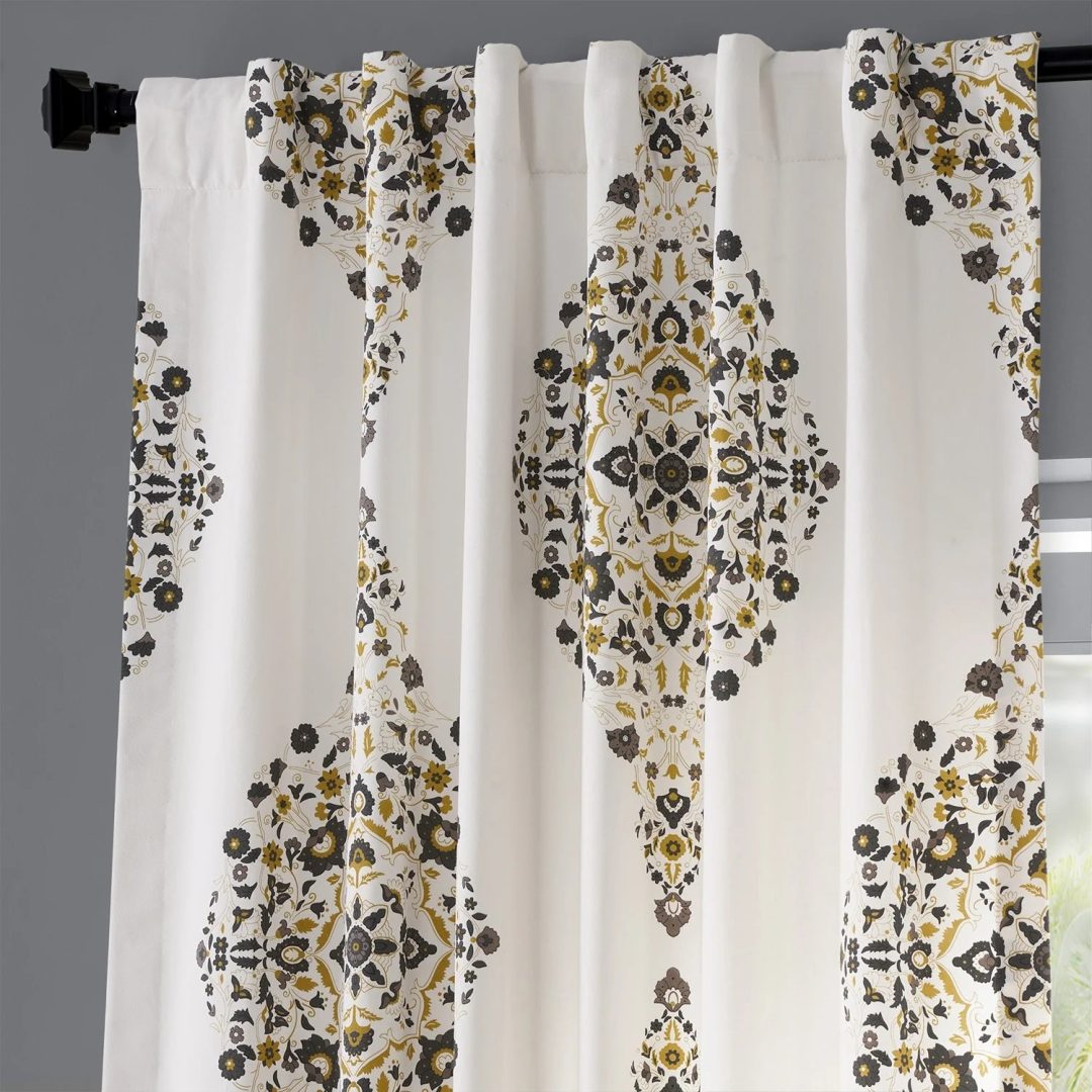 Medallion Damask Printed Cotton Room Darkening Curtain Panel, 1 Piece
