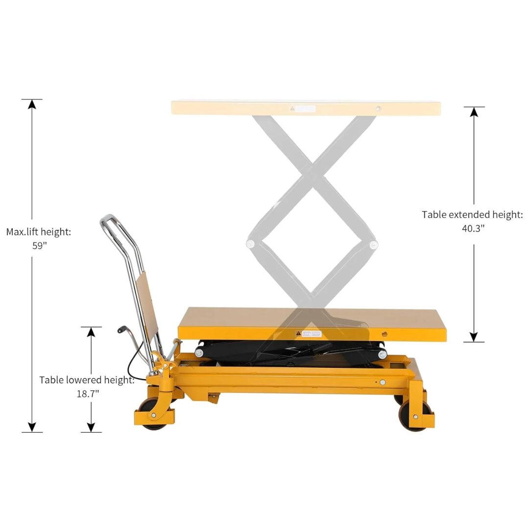 ZenVora Hydraulic Lift Table Cart 770 lbs Capacity, 51" Max Height, Double Scissor Lift with Safety Guard & 4 Wheels