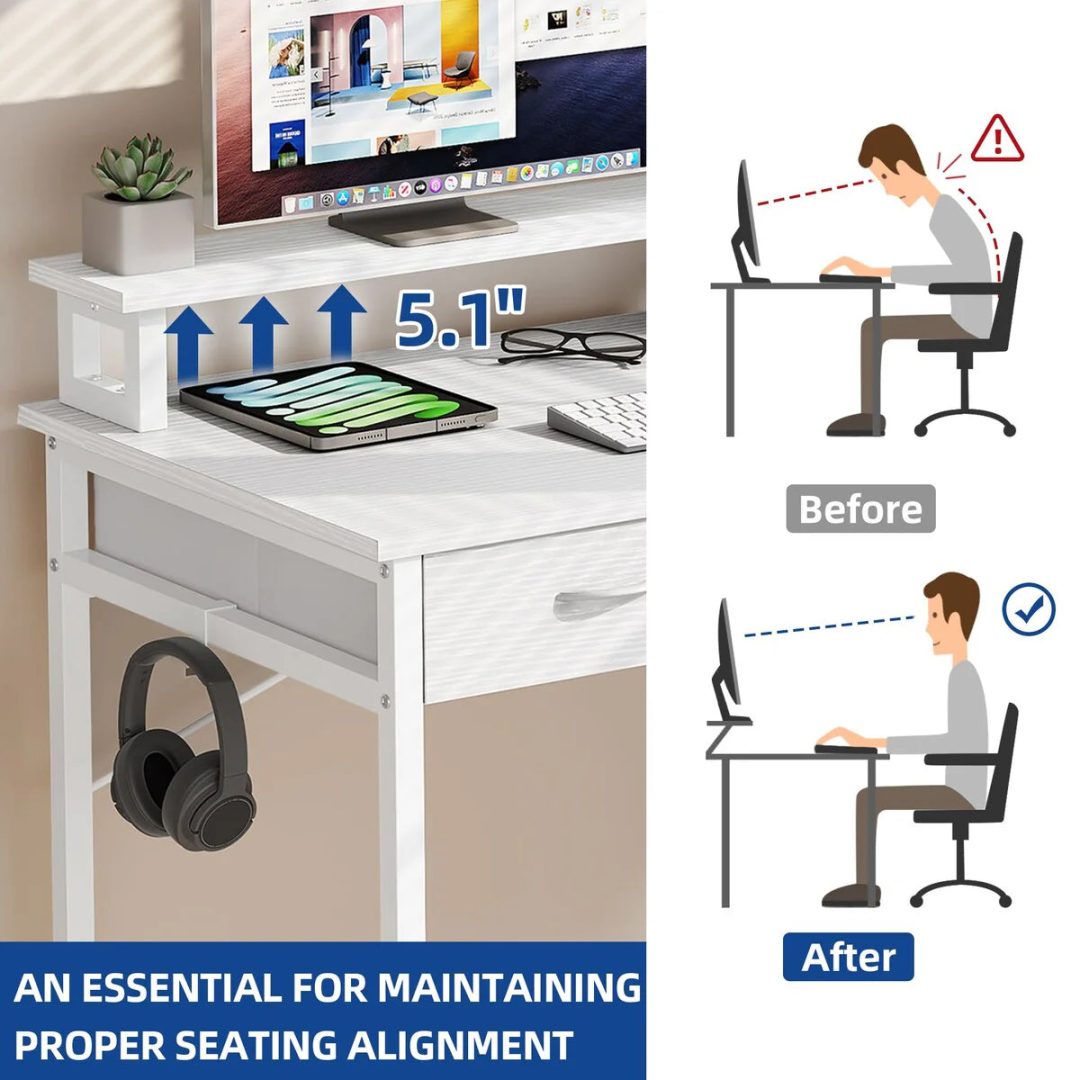 ZenVora Small Computer Desk with Fabric Drawers and Monitor Stand, Compact Home Office Workstation for Small Spaces