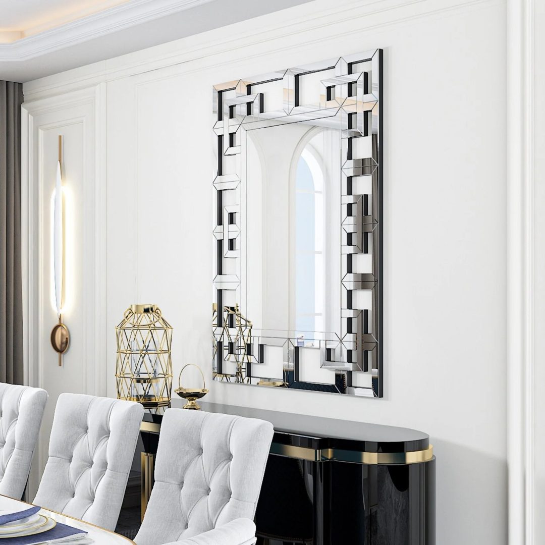 ZenVora Large Silver Geometric Wall Mirror, Modern Decorative Accent Mirror for Living Room, Bedroom and Entryway