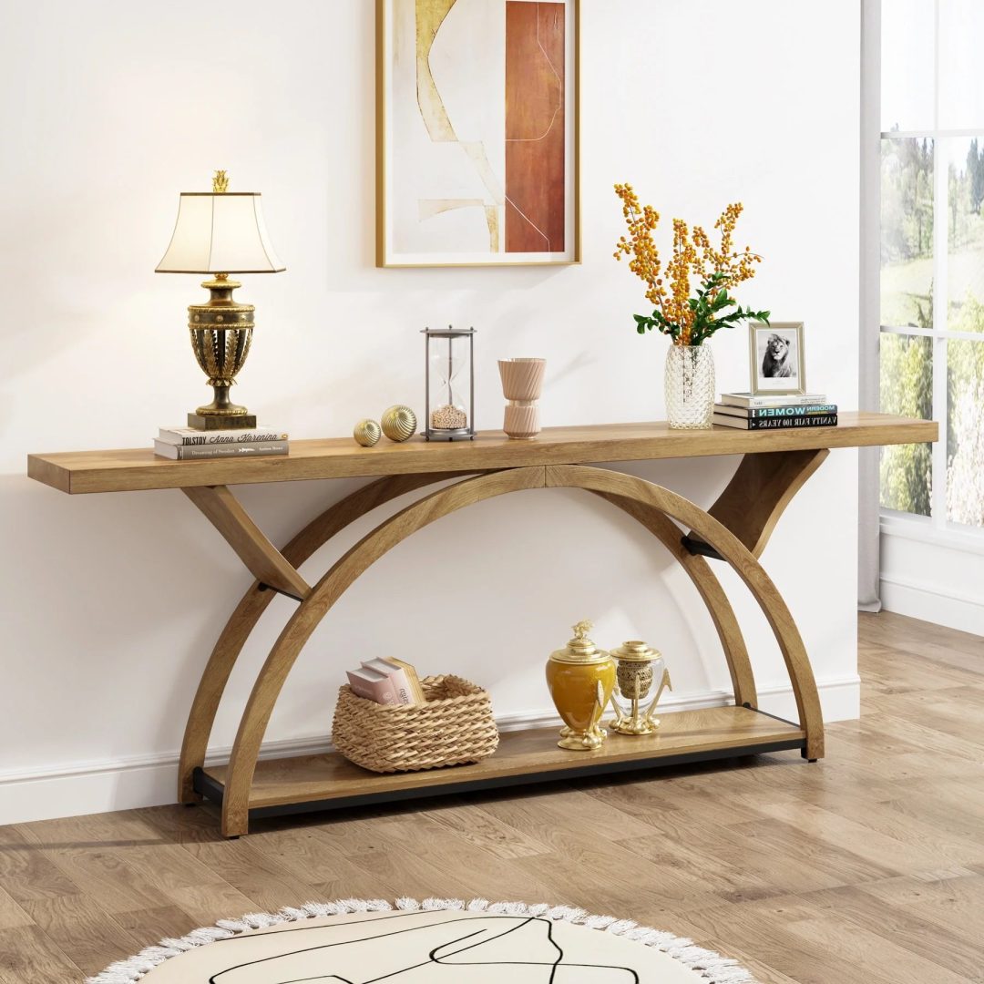 ZenVora Gray 2-Tier Slim Console Sofa Table, Semi-Circular Metal Frame for Hallway