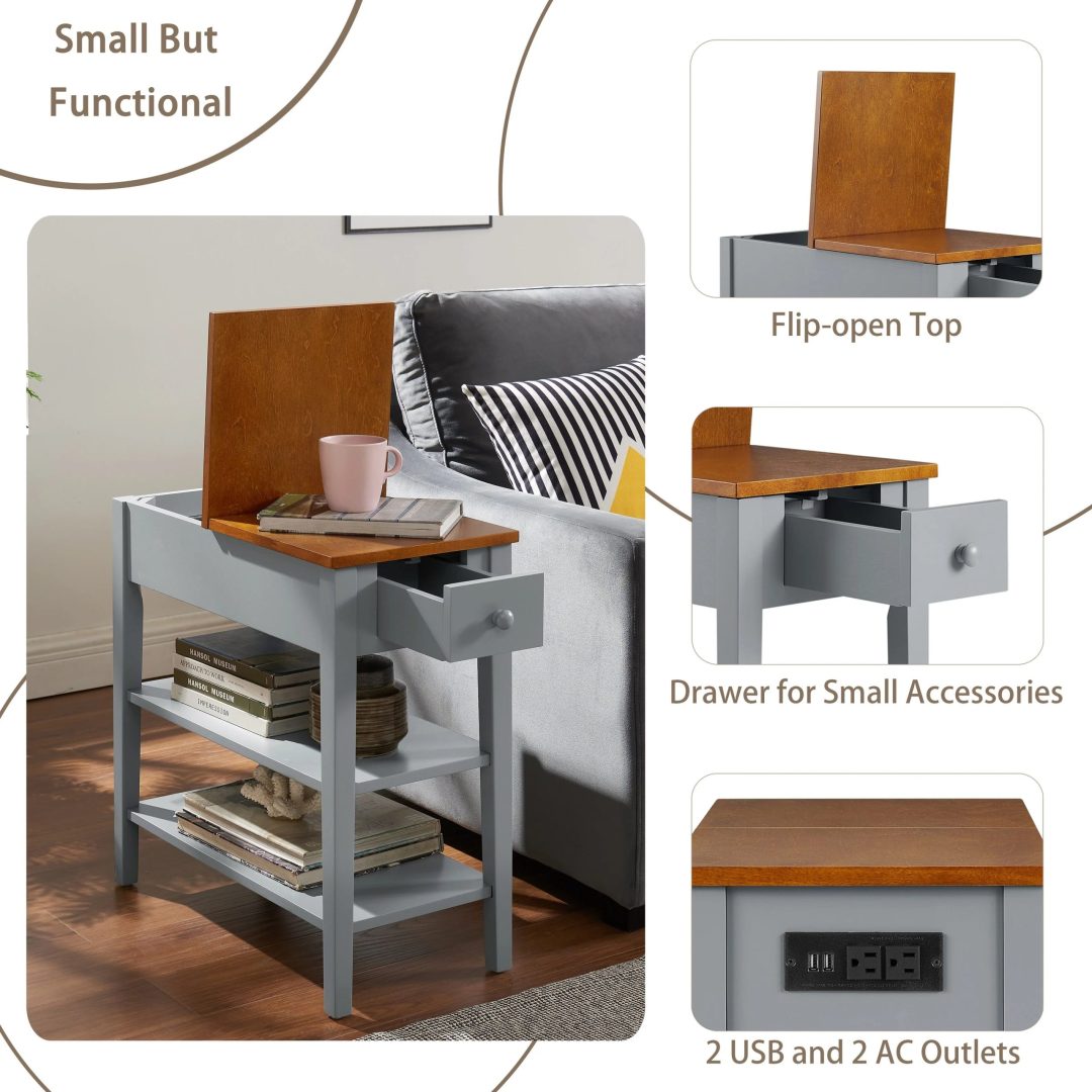 ZenVora Narrow 2-Tone End Table with USB Charging Ports, Small Space Side Table