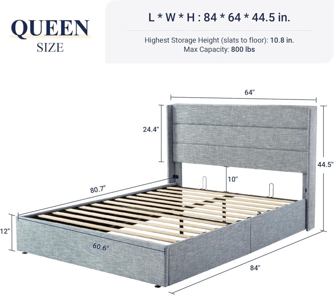 ZenVora Queen Size Lift Up Storage Bed with Wingback Headboard, Upholstered Platform Bed Frame with Hidden Storage