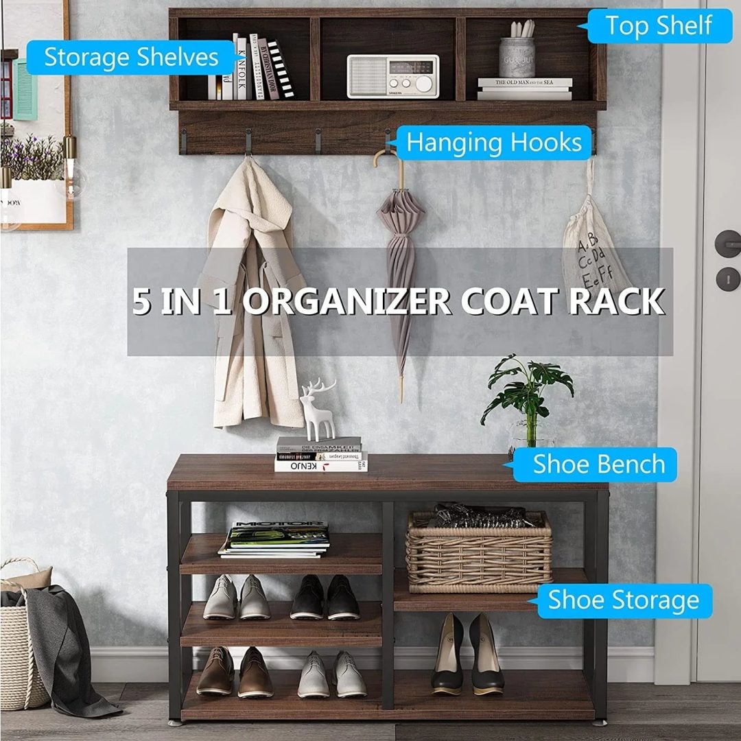 ZenVora Entryway Coat Rack and Shoe Bench Set, Industrial Hall Tree with Coat and Shoe Storage