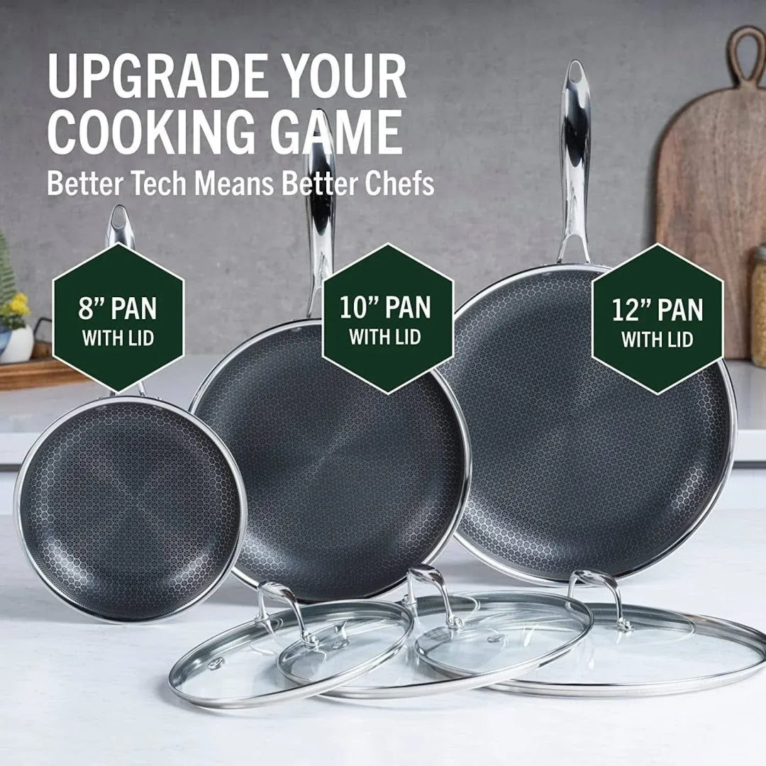 ZenVora 6-Piece Hybrid Stainless Steel Pan Set with Glass Lids, 8-Inch, 10-Inch and 12-Inch, Black