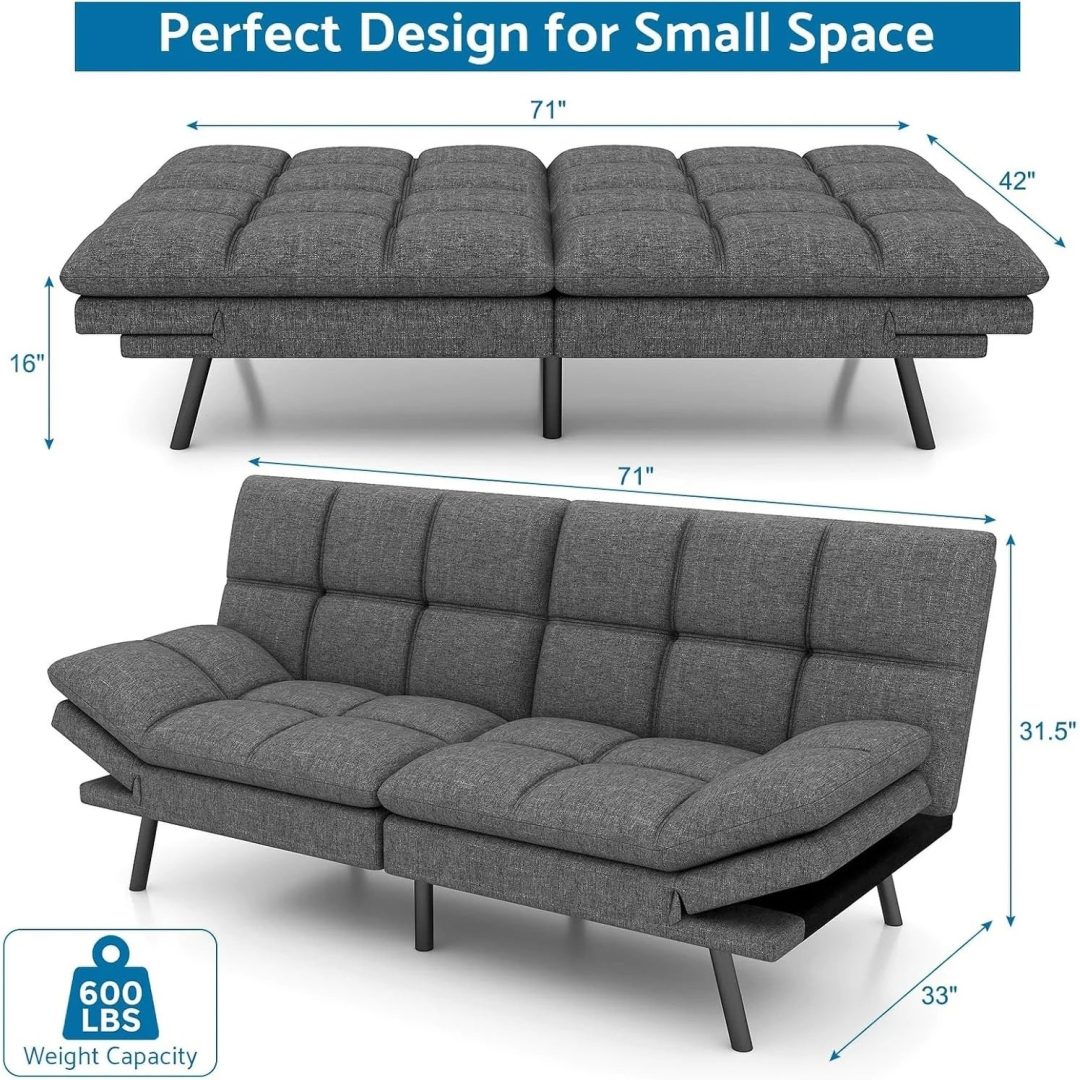 ZenVora Convertible Futon Sofa Bed with Memory Foam, Foldable Loveseat Sleeper with Adjustable Armrests