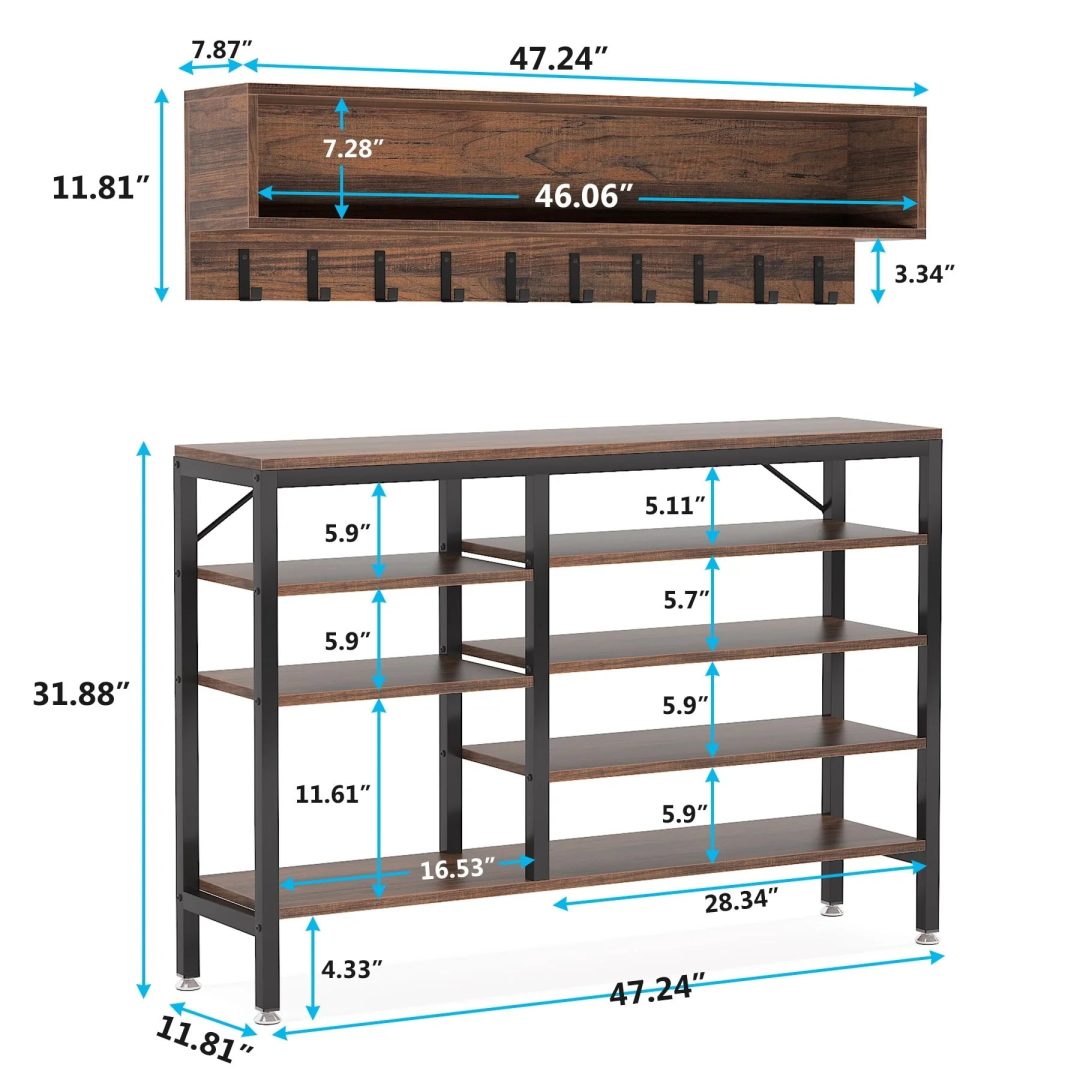 ZenVora Entryway Coat Rack and Shoe Bench Set, Industrial Hall Tree with Coat and Shoe Storage