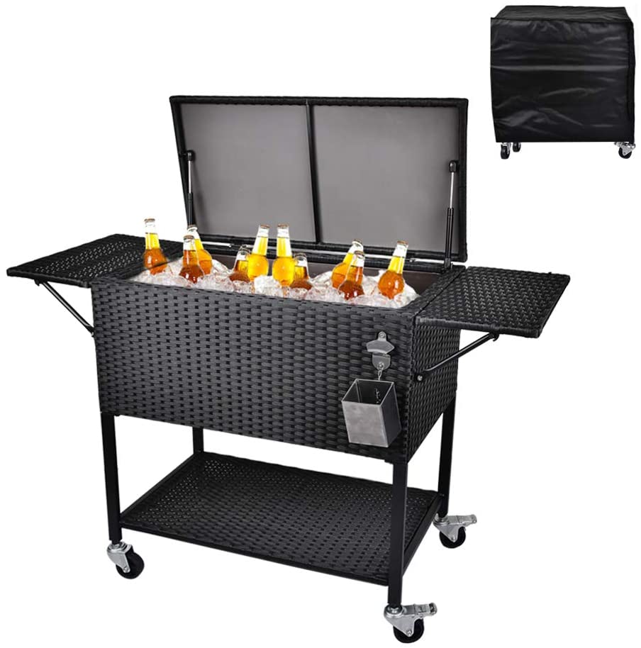 ZenVora 80 Quart Rolling Cooler Cart - Wicker Outdoor Ice Chest with Insulated Storage, Wheels and Bottle Opener