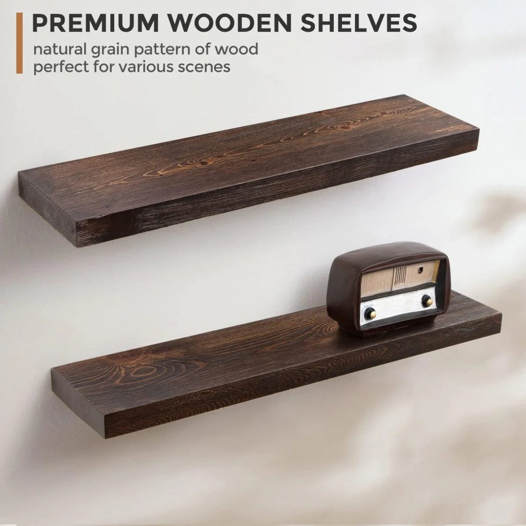 ZenVora Set of 2 Handcrafted European Pine Floating Wall Shelves, Natural Rustic Wood