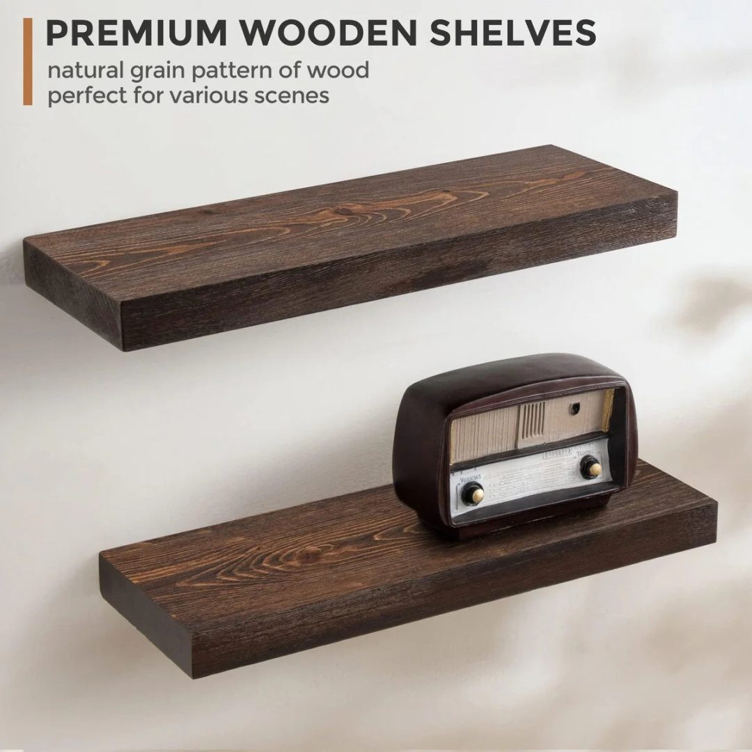 ZenVora Set of 2 Handcrafted European Pine Floating Wall Shelves, Natural Rustic Wood