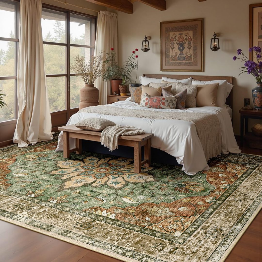 ZenVora 8x10 Washable Floral Medallion Area Rug, Non-Slip Decorative Floor Rug for Living Room, Bedroom and Home