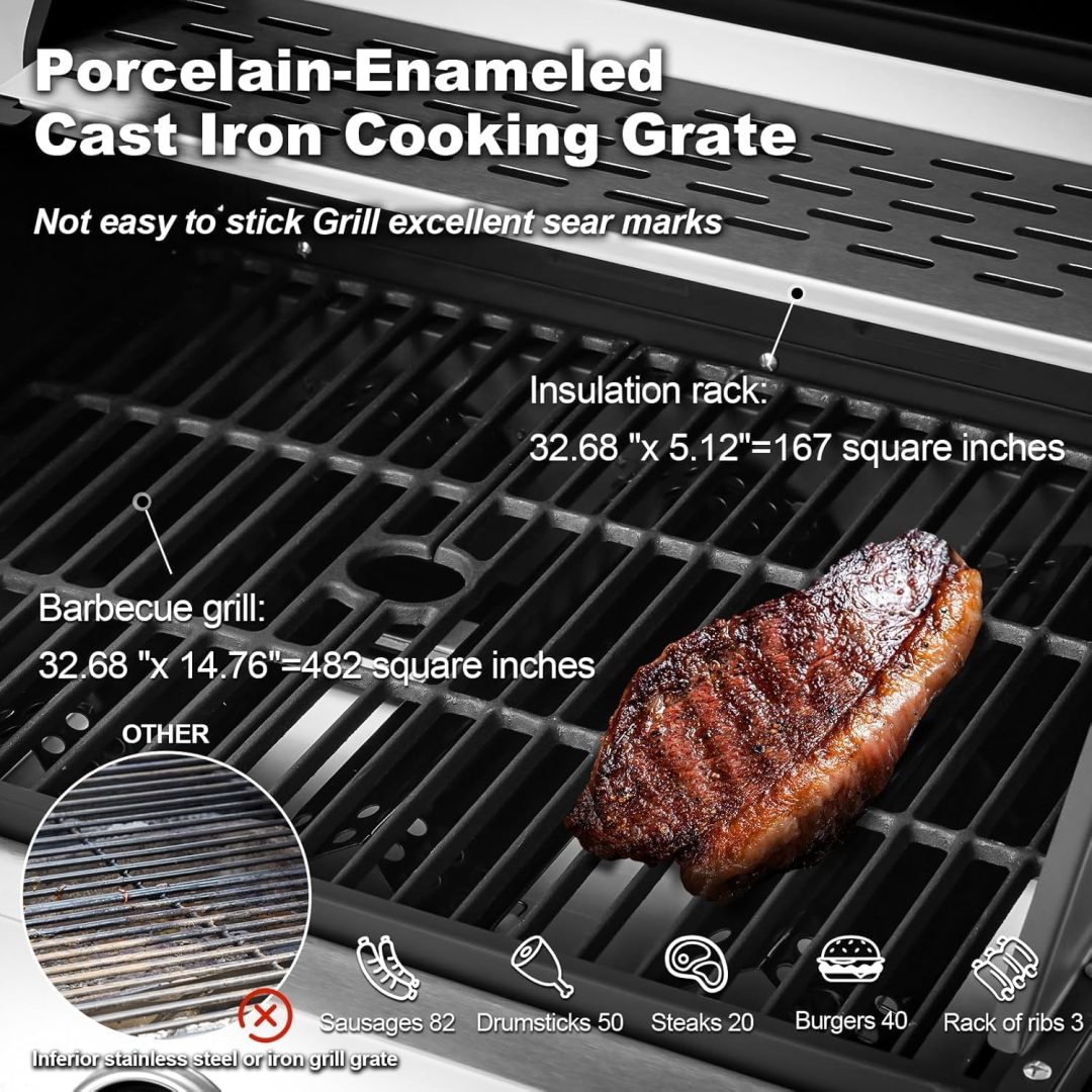 ZenVora 4-Burner Propane Gas Grill with Cast Iron Grates, Side Stove and 44,000 BTU Stainless Steel Burners