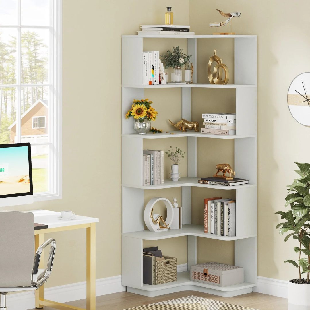 ZenVora 64.9 Inch Tall 6-Tier Corner Bookshelf, Freestanding Wood Industrial Bookcase