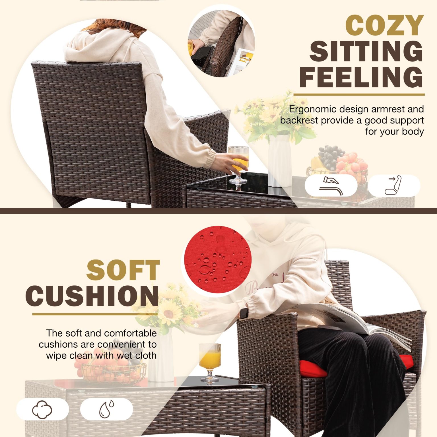 4-Piece Outdoor Patio Furniture Set, Rattan Wicker Chairs and Outdoor Seating Set