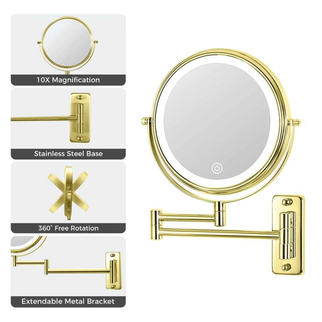 ZenVora 8 Inch Round Wall Mounted Makeup Mirror, Rechargeable, 1X/10X Magnification, 3-Color LED Lights