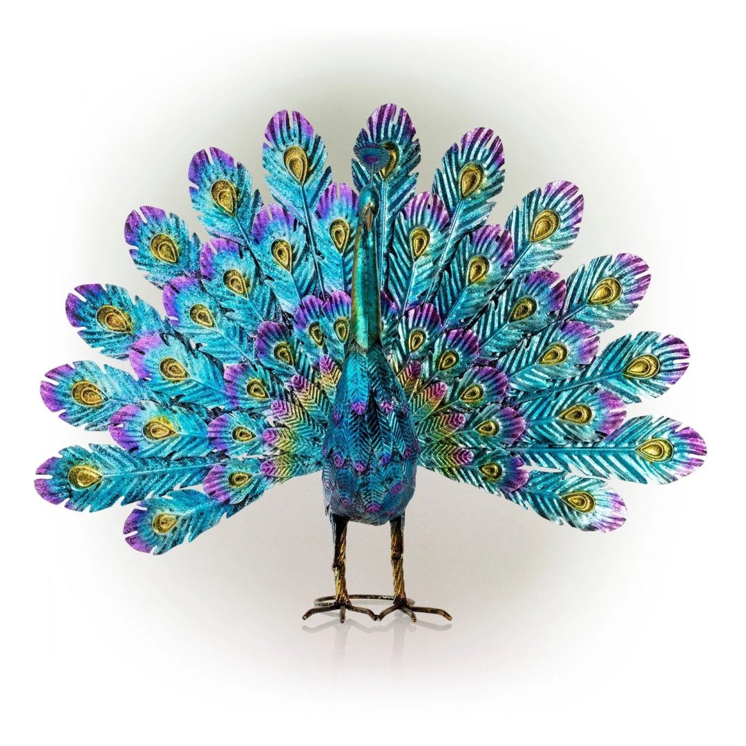 ZenVora Tall Metallic Peacock Garden Statue, Multicolor Outdoor Standing Bird Sculpture for Yard, Patio and Garden Decoration