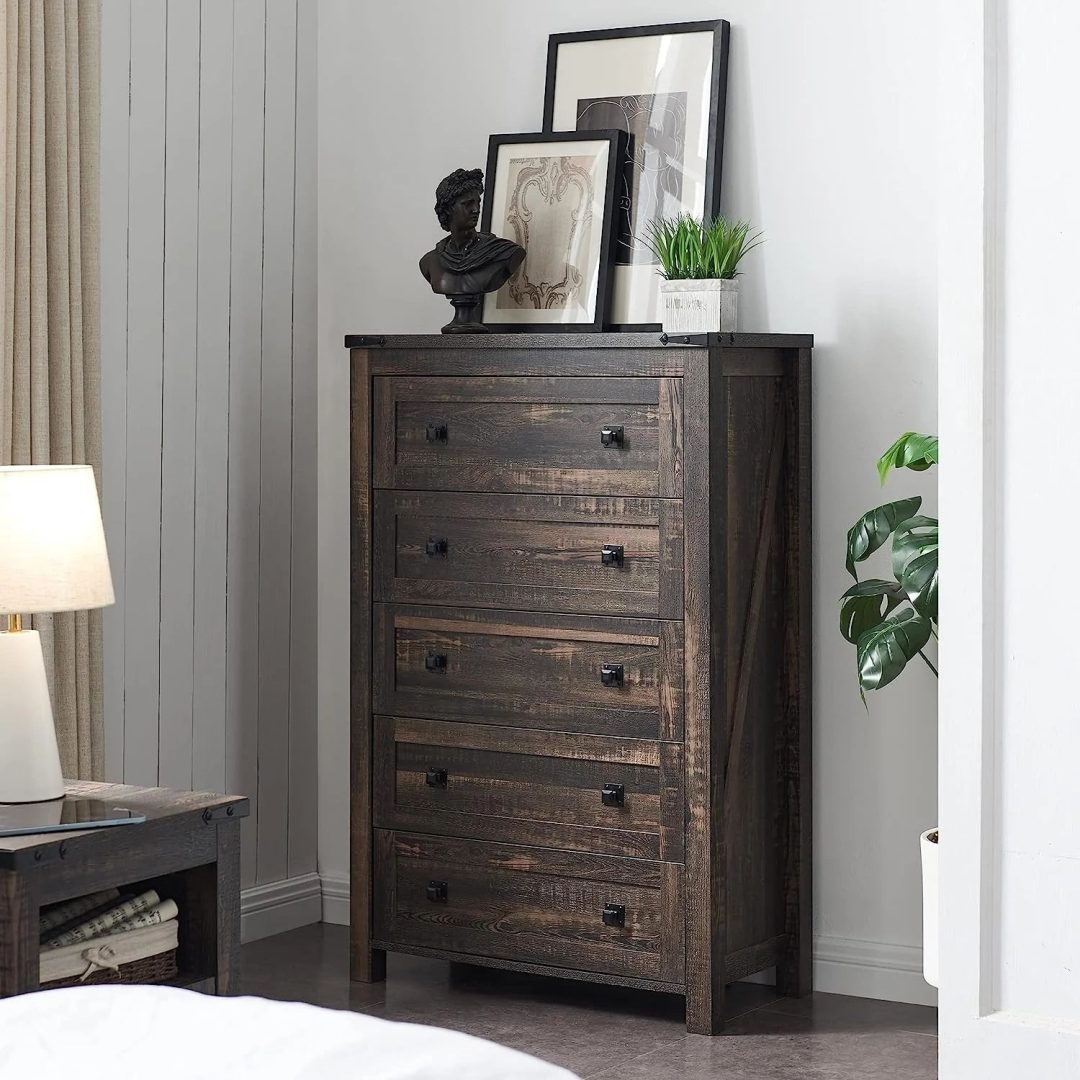 ZenVora 48 Inch Tall Farmhouse Wood Dresser, 5 Drawer Chest of Drawers for Bedroom