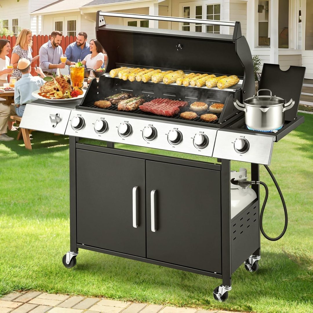ZenVora 4-Burner Propane Gas Grill with Cast Iron Grates, Side Stove and 44,000 BTU Stainless Steel Burners
